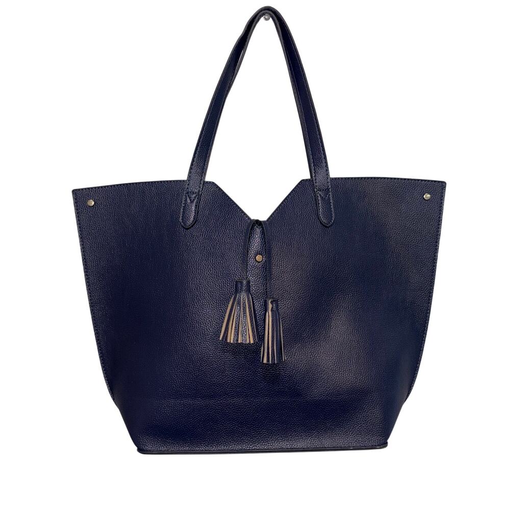 Neiman Marcus Navy Blue Vegan Leather Large Shopper Beach Tote